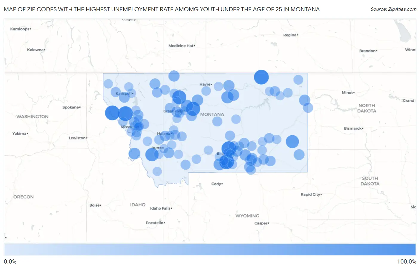 Zip Codes with the Highest Unemployment Rate Amomg Youth Under the Age of 25 in Montana Map