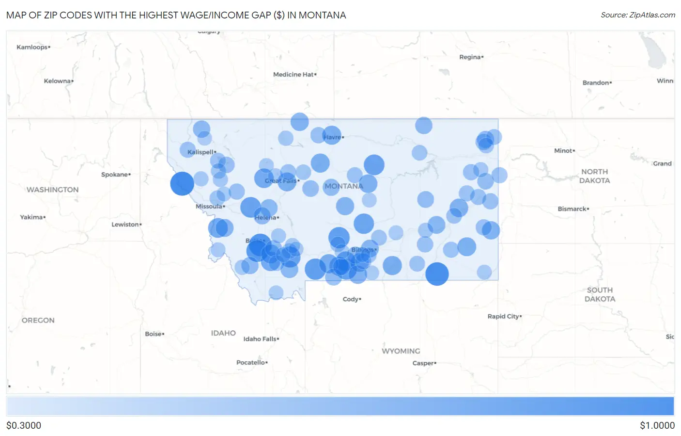 Zip Codes with the Highest Wage/Income Gap ($) in Montana Map