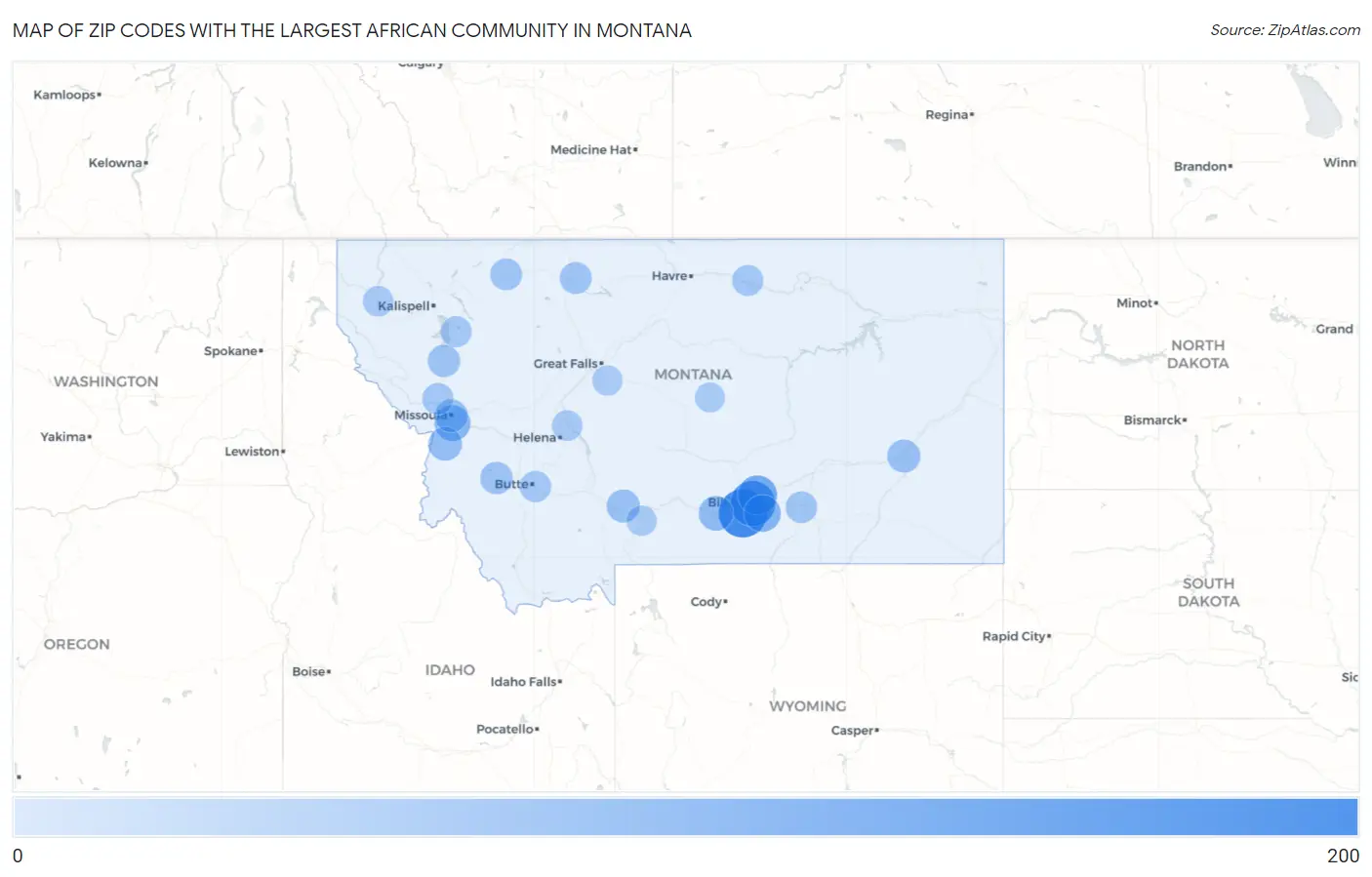 Zip Codes with the Largest African Community in Montana Map