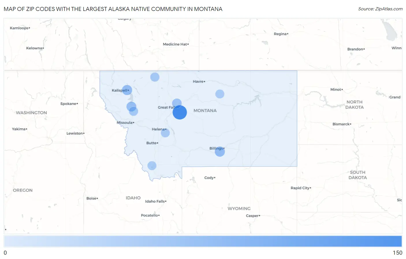 Zip Codes with the Largest Alaska Native Community in Montana Map