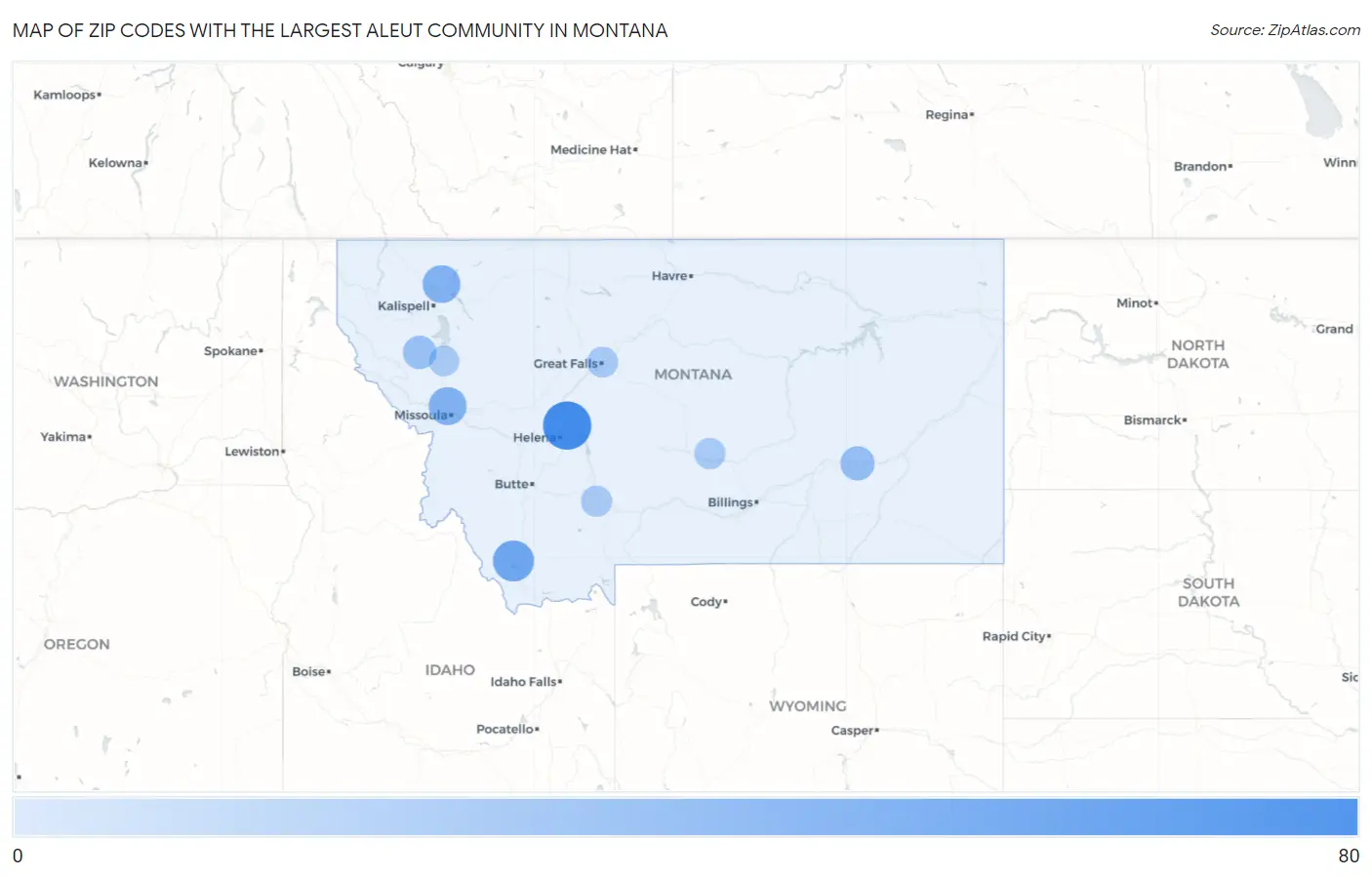 Zip Codes with the Largest Aleut Community in Montana Map