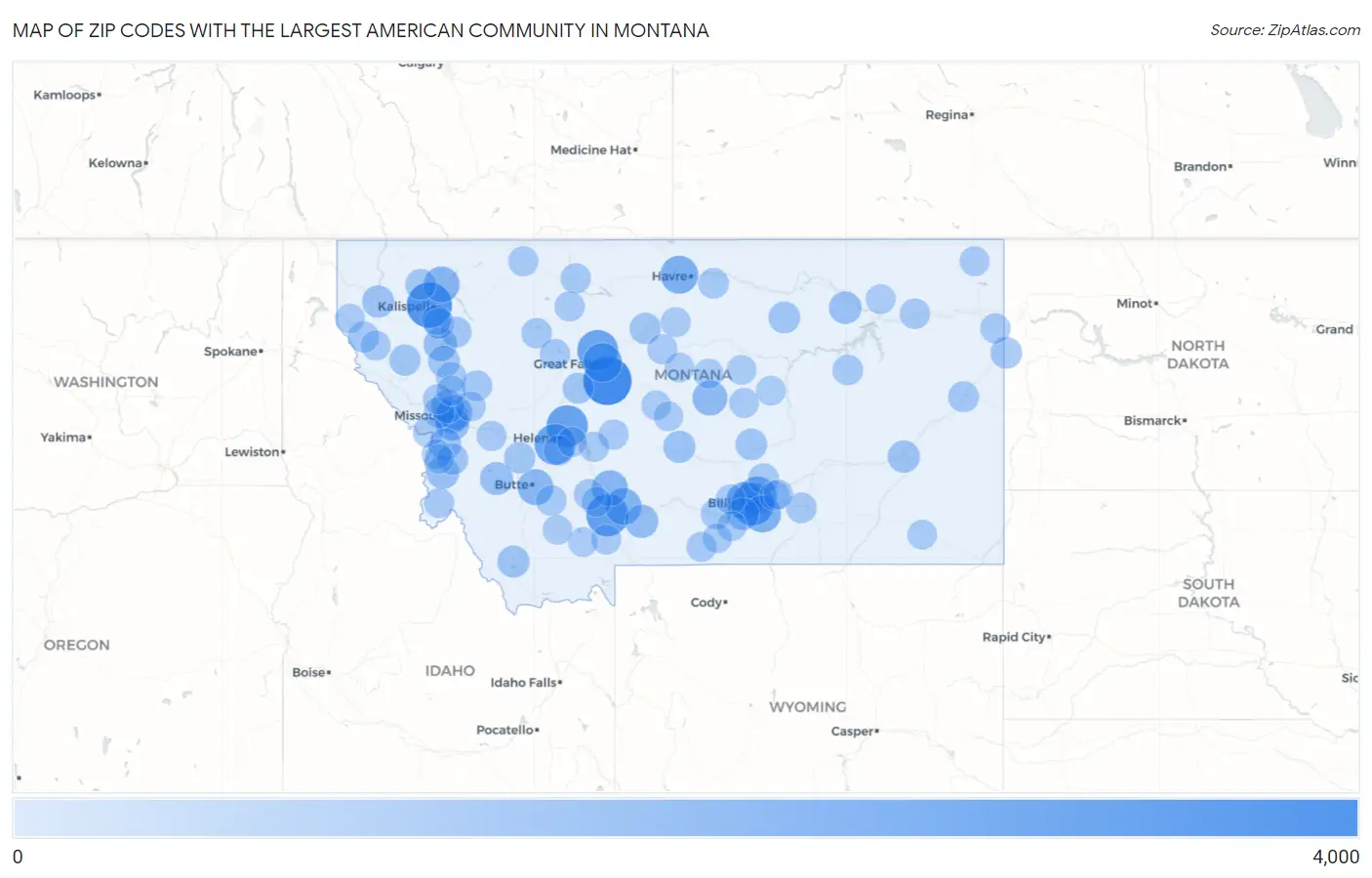 Zip Codes with the Largest American Community in Montana Map