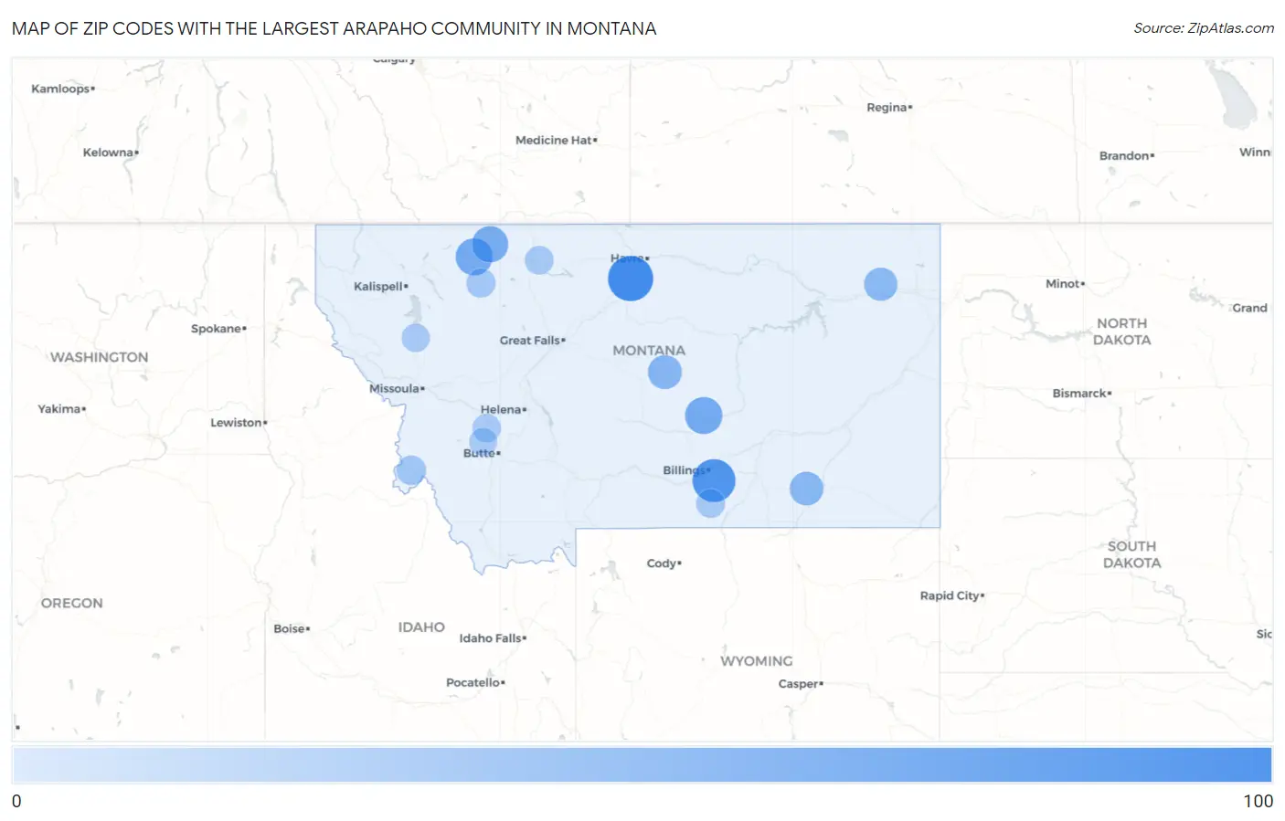 Zip Codes with the Largest Arapaho Community in Montana Map