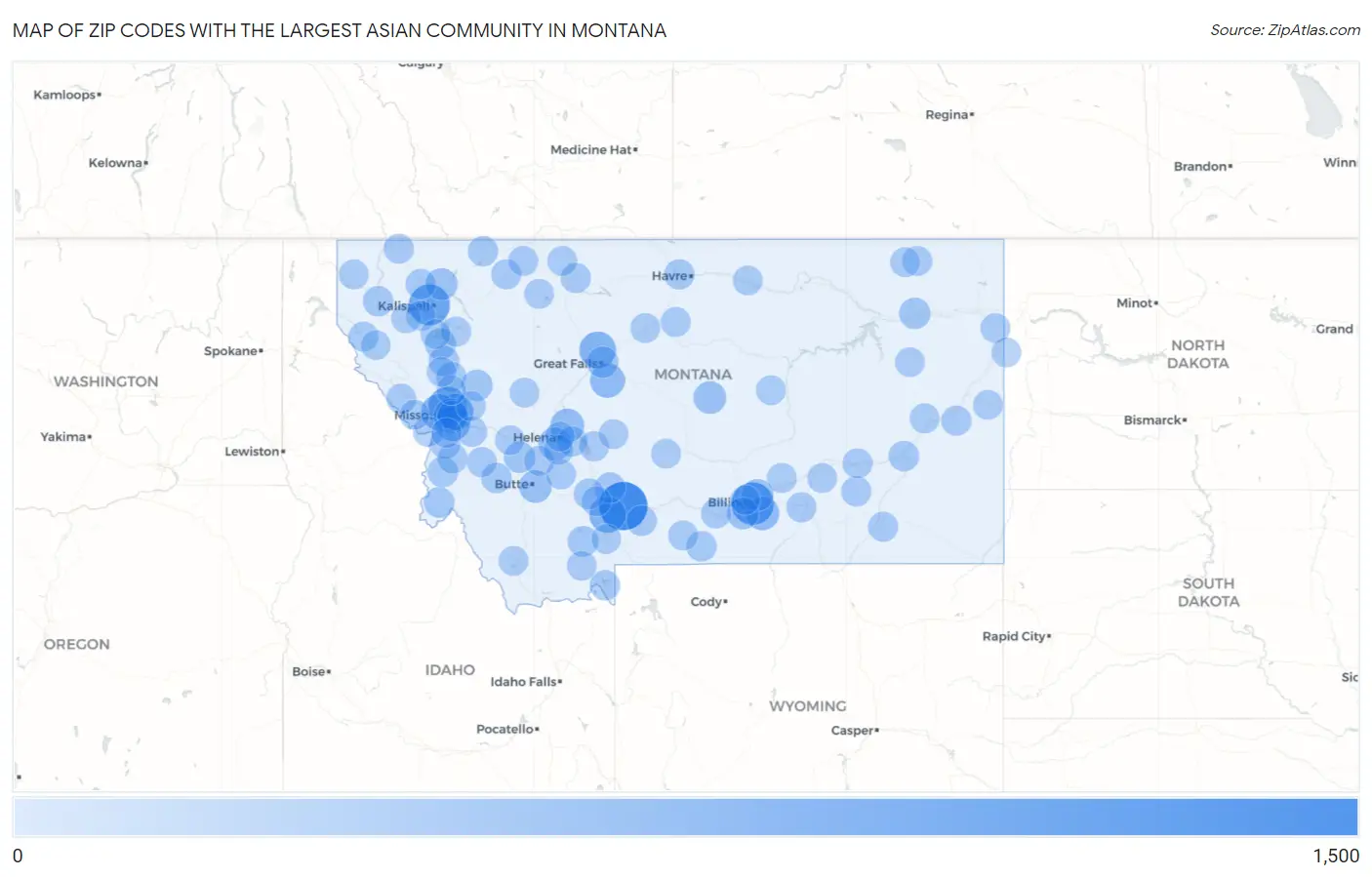 Zip Codes with the Largest Asian Community in Montana Map