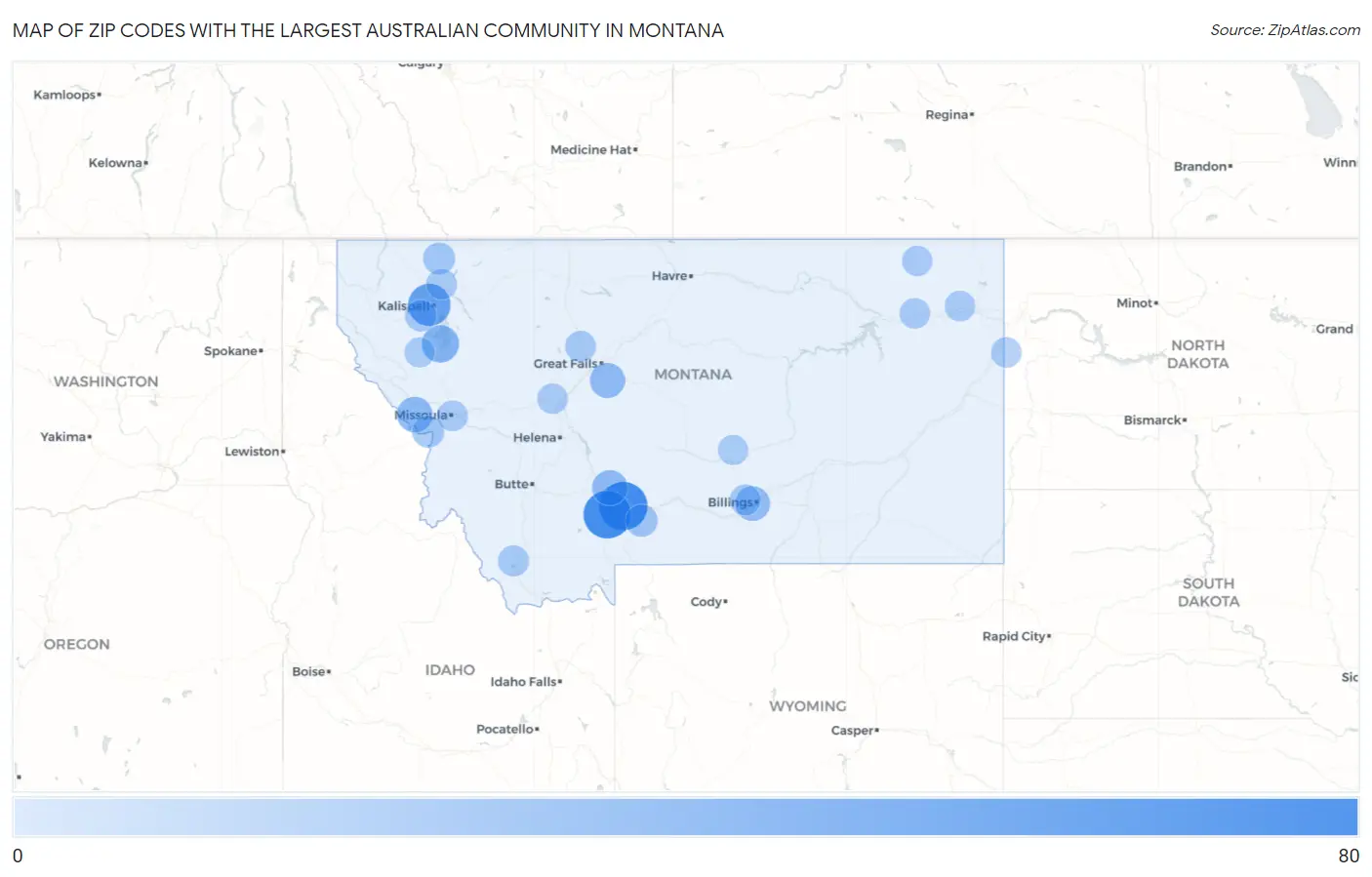 Zip Codes with the Largest Australian Community in Montana Map