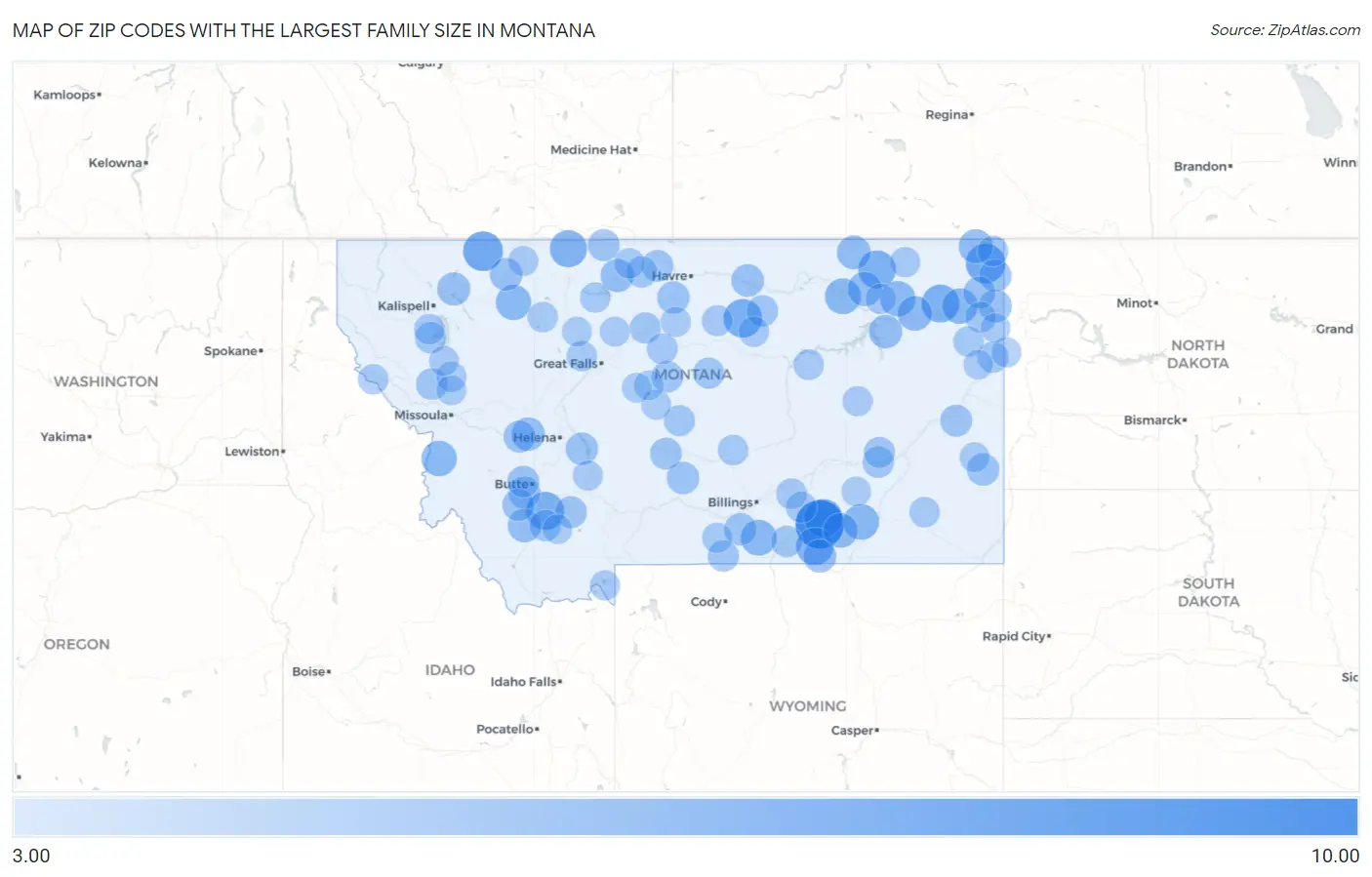 Zip Codes with the Largest Family Size in Montana Map