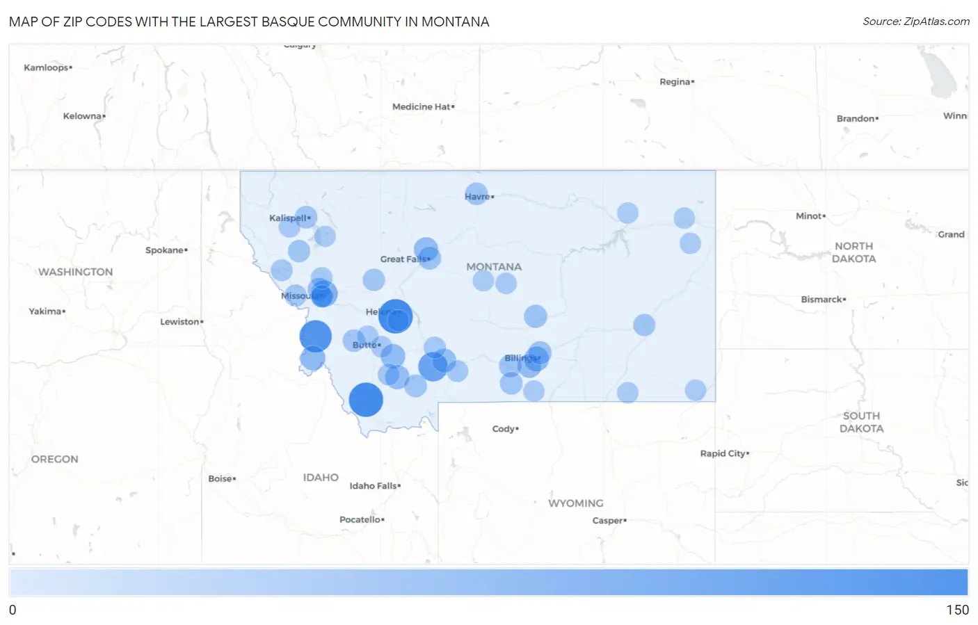 Zip Codes with the Largest Basque Community in Montana Map