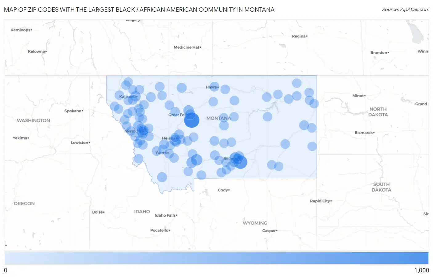 Zip Codes with the Largest Black / African American Community in Montana Map