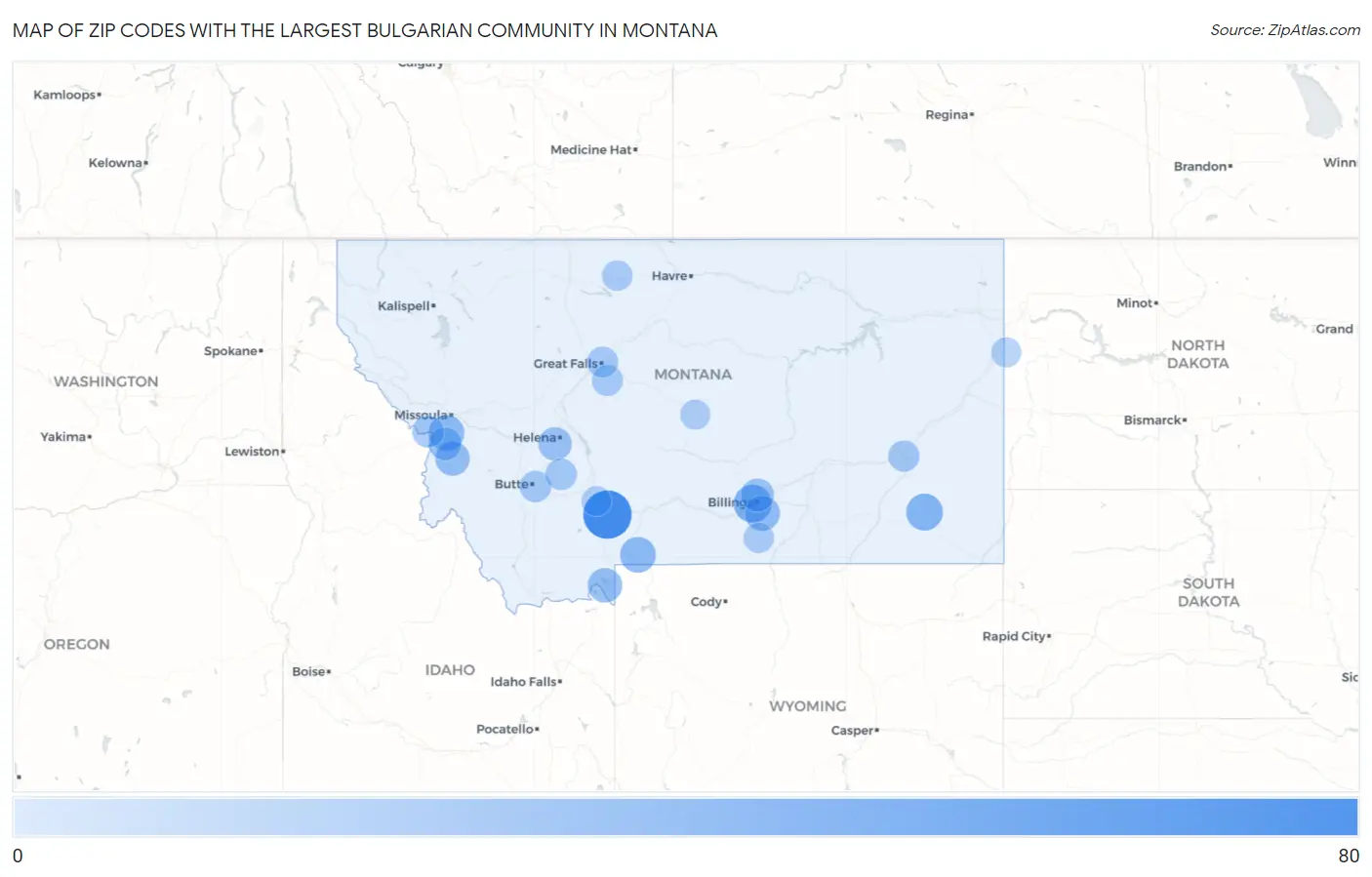 Zip Codes with the Largest Bulgarian Community in Montana Map