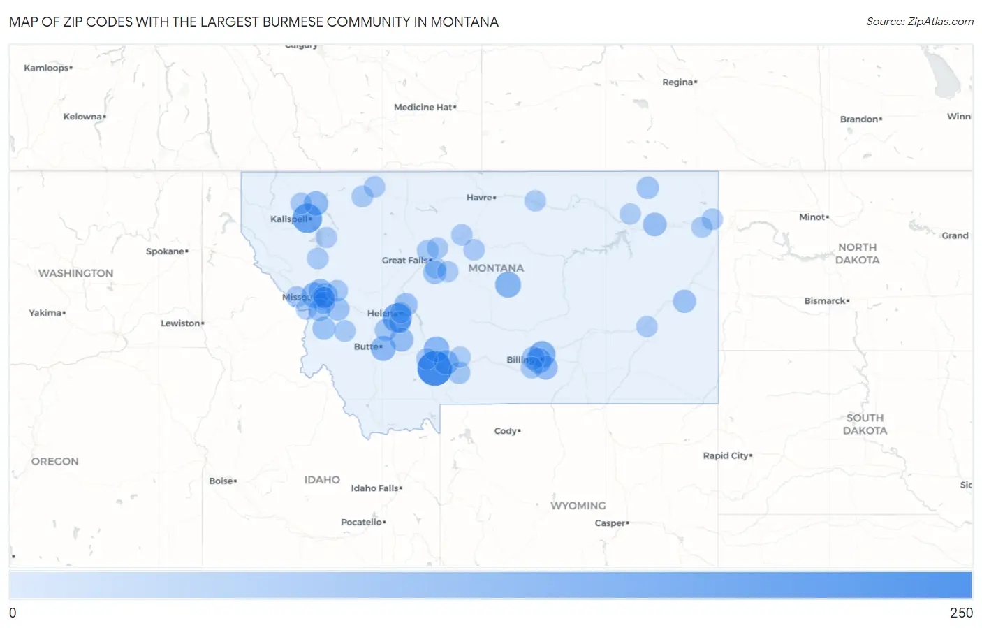 Zip Codes with the Largest Burmese Community in Montana Map