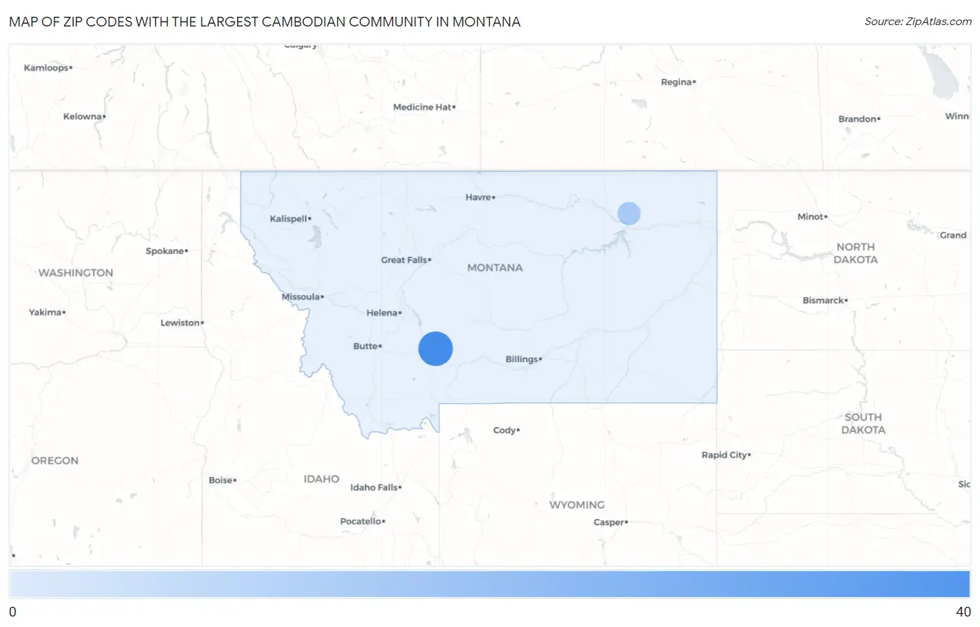 Zip Codes with the Largest Cambodian Community in Montana Map