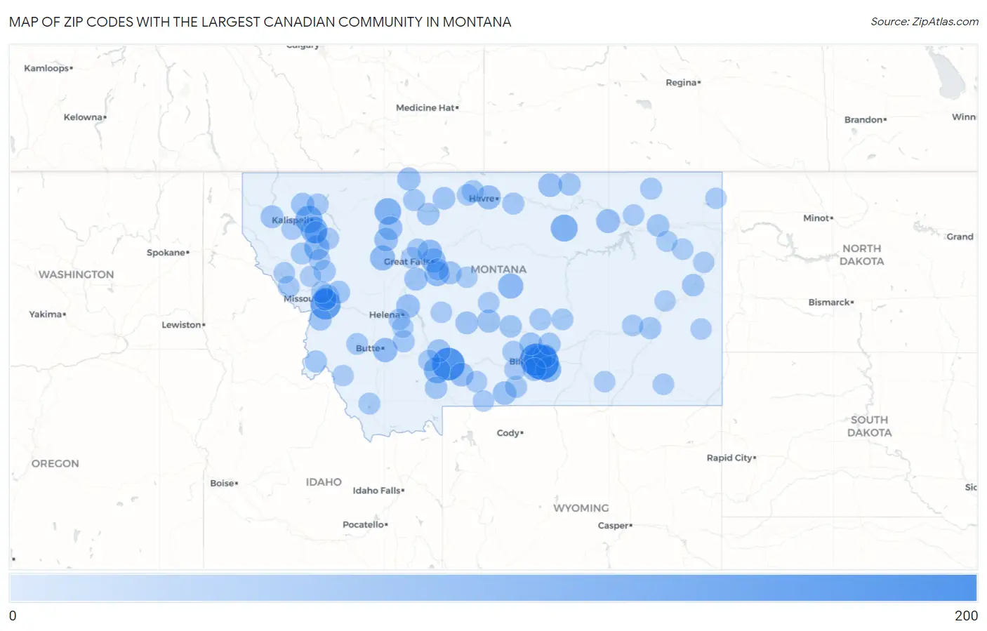 Zip Codes with the Largest Canadian Community in Montana Map