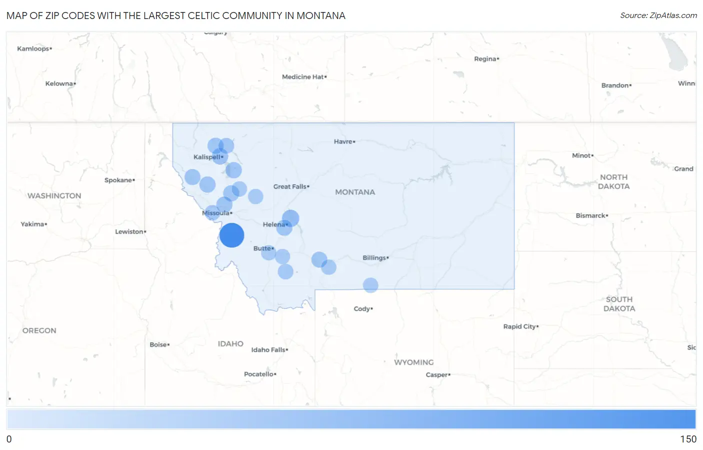 Zip Codes with the Largest Celtic Community in Montana Map