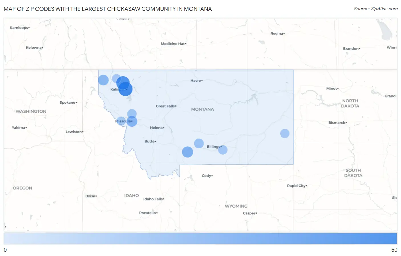 Zip Codes with the Largest Chickasaw Community in Montana Map