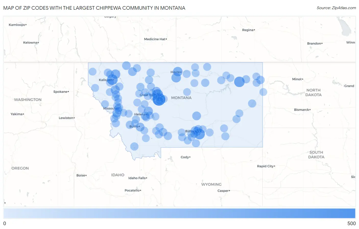 Zip Codes with the Largest Chippewa Community in Montana Map