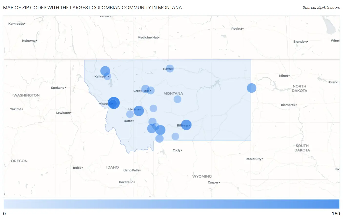 Zip Codes with the Largest Colombian Community in Montana Map