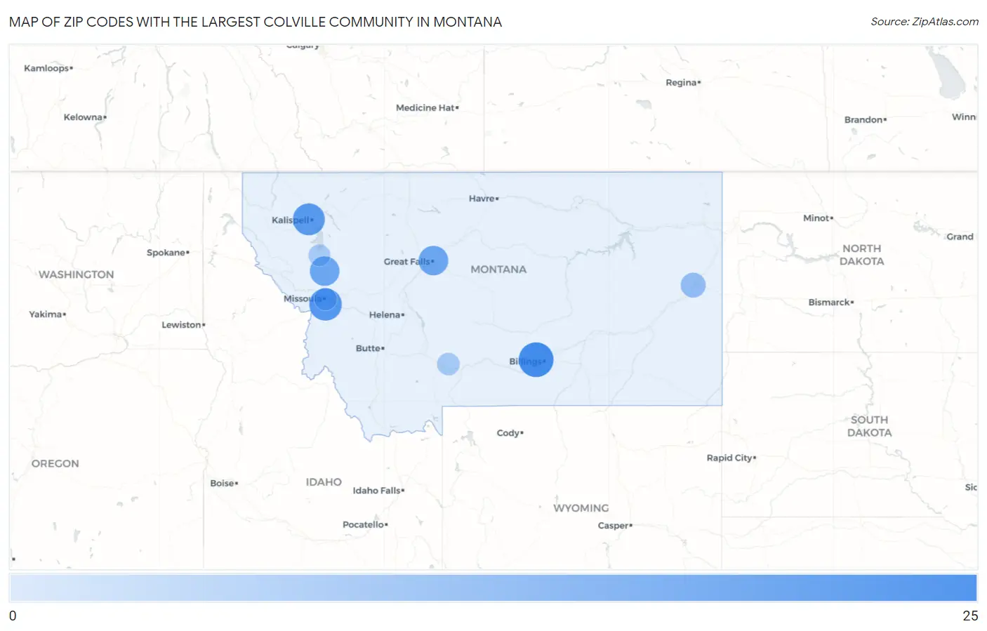 Zip Codes with the Largest Colville Community in Montana Map