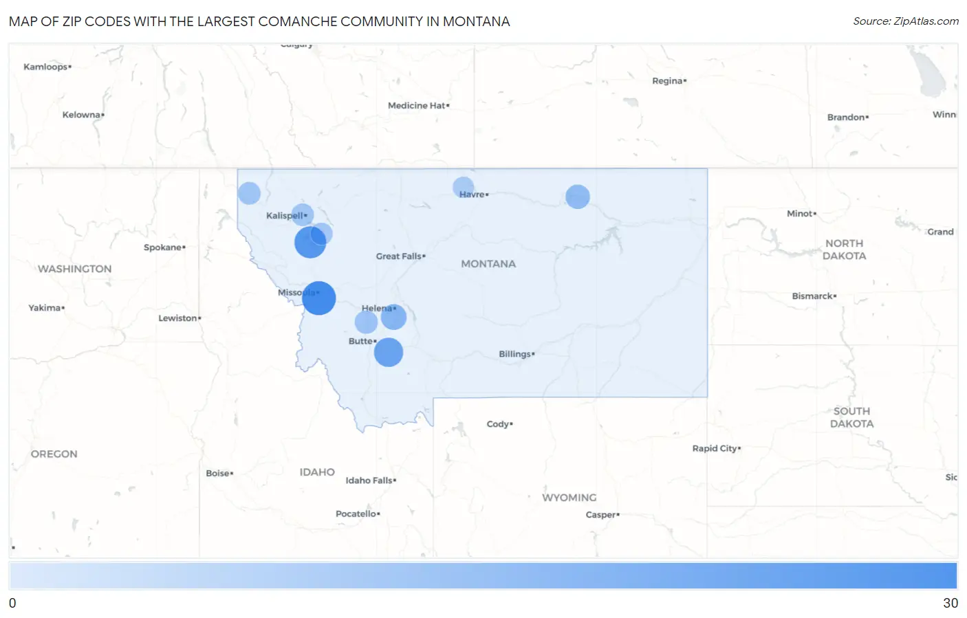 Zip Codes with the Largest Comanche Community in Montana Map