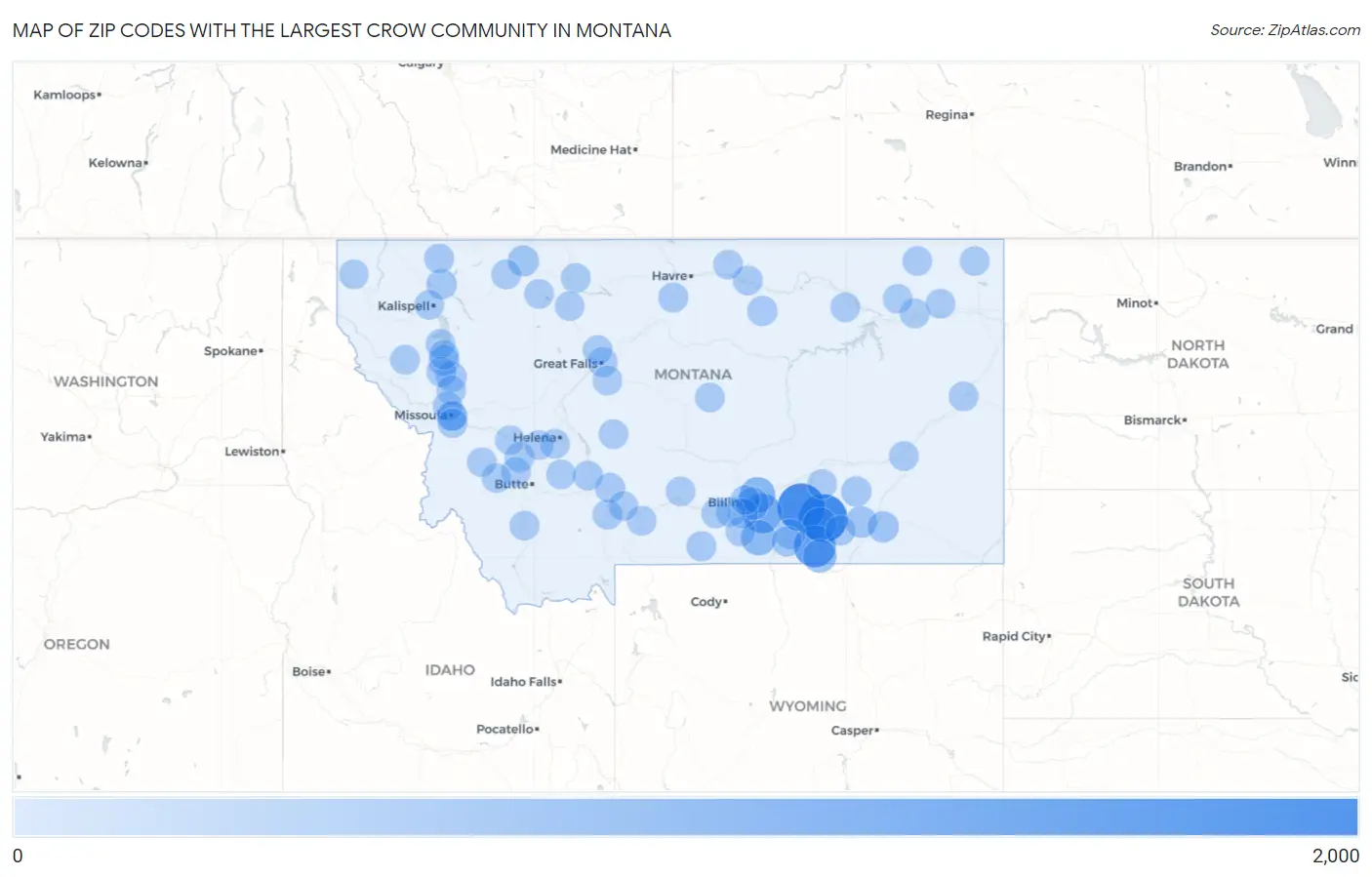 Zip Codes with the Largest Crow Community in Montana Map