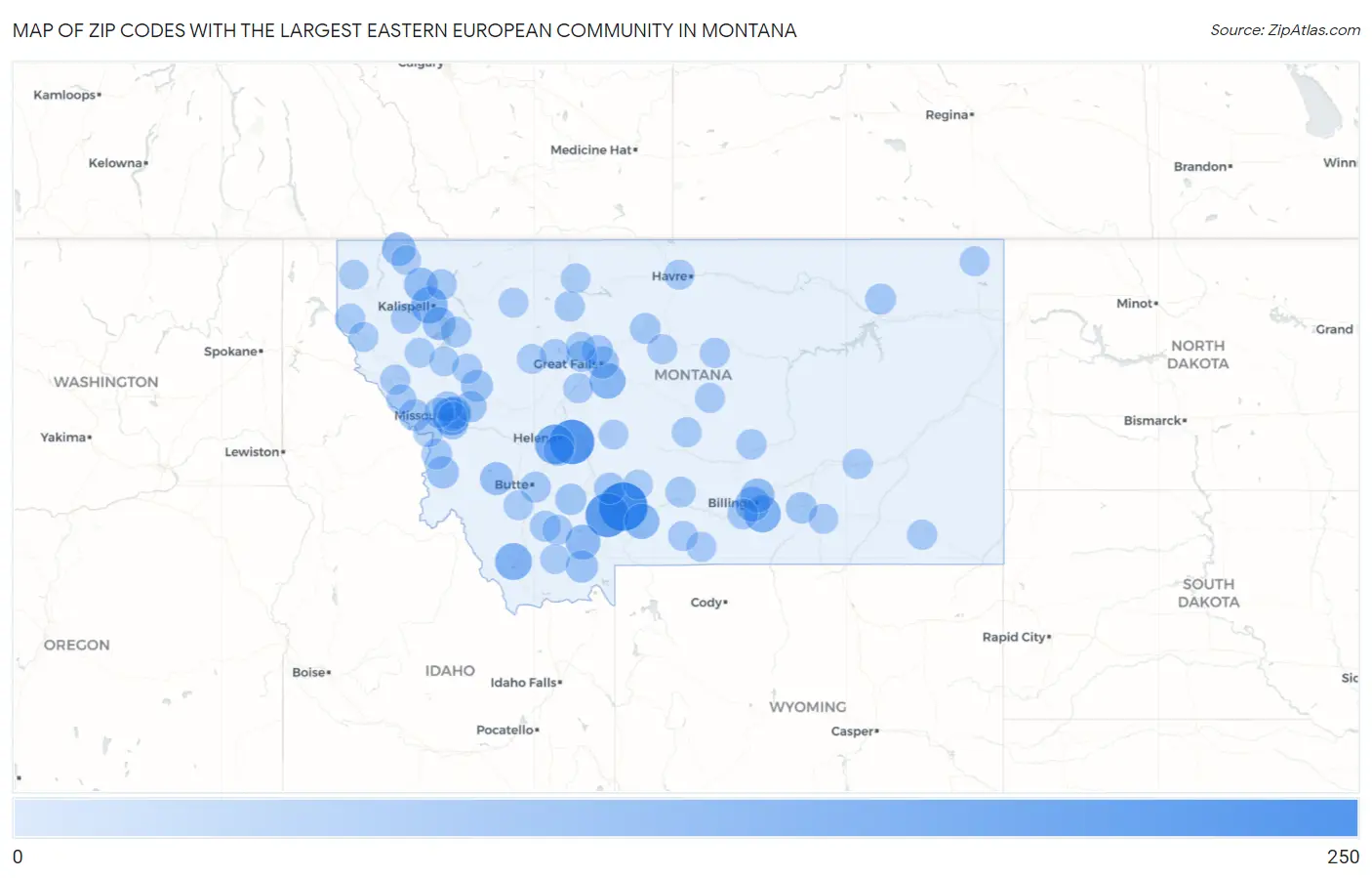 Zip Codes with the Largest Eastern European Community in Montana Map