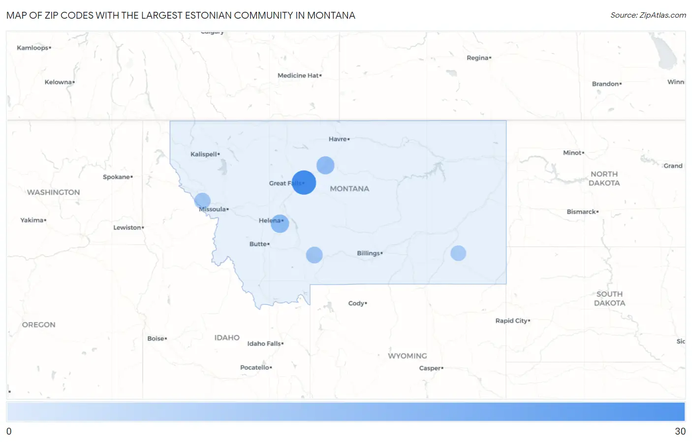 Zip Codes with the Largest Estonian Community in Montana Map
