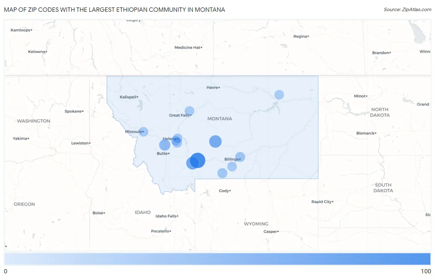 Zip Codes with the Largest Ethiopian Community in Montana Map