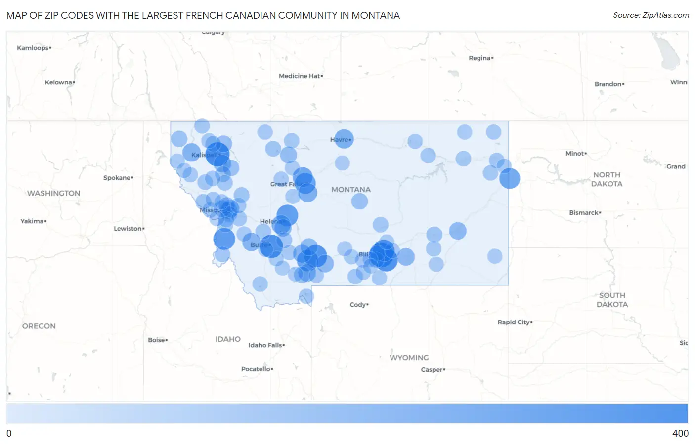 Zip Codes with the Largest French Canadian Community in Montana Map