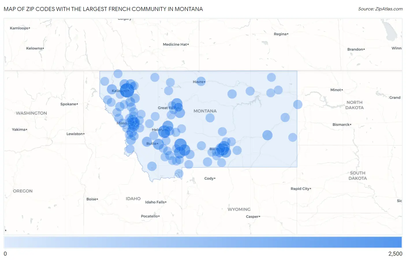 Zip Codes with the Largest French Community in Montana Map