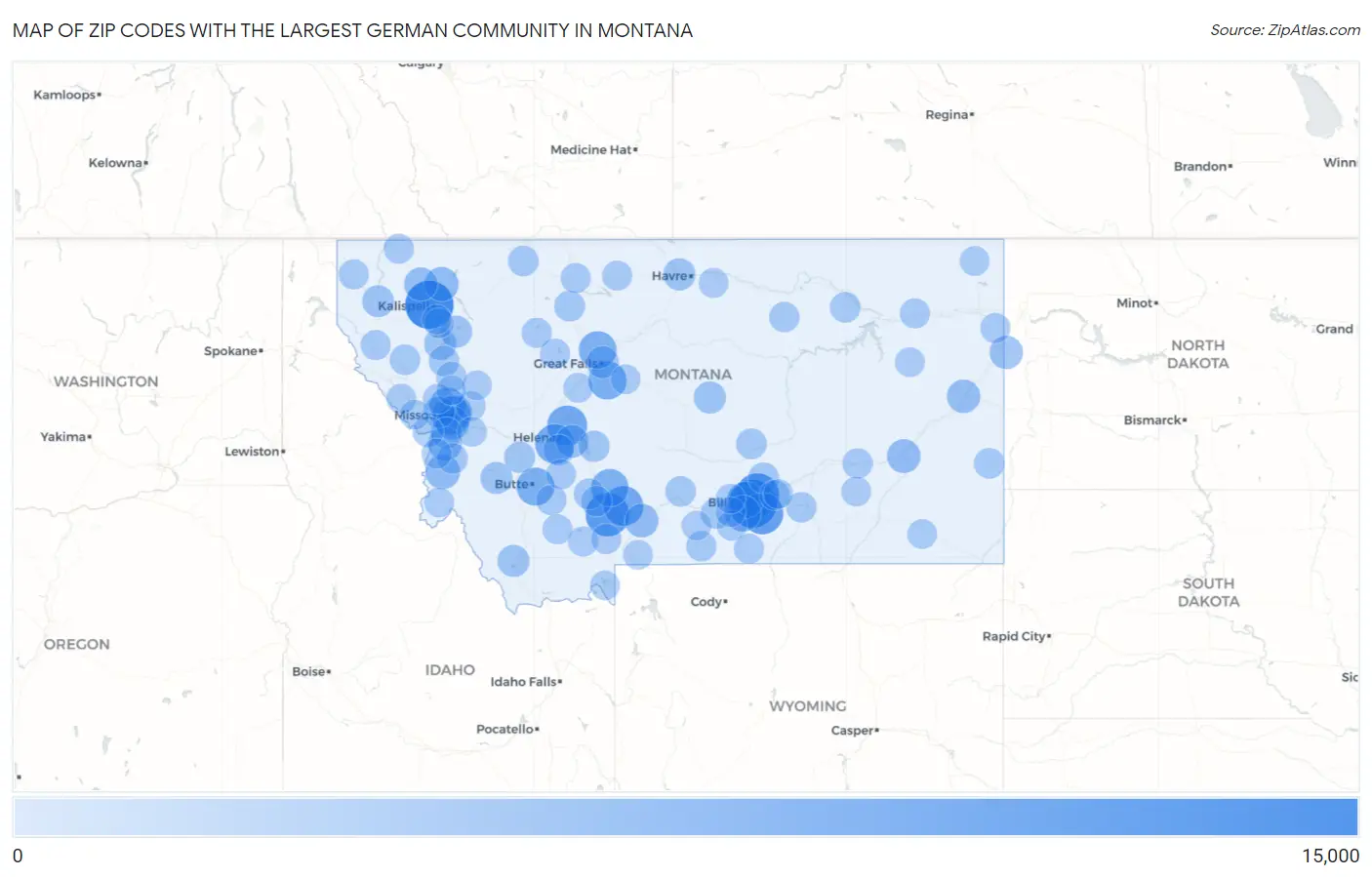 Zip Codes with the Largest German Community in Montana Map