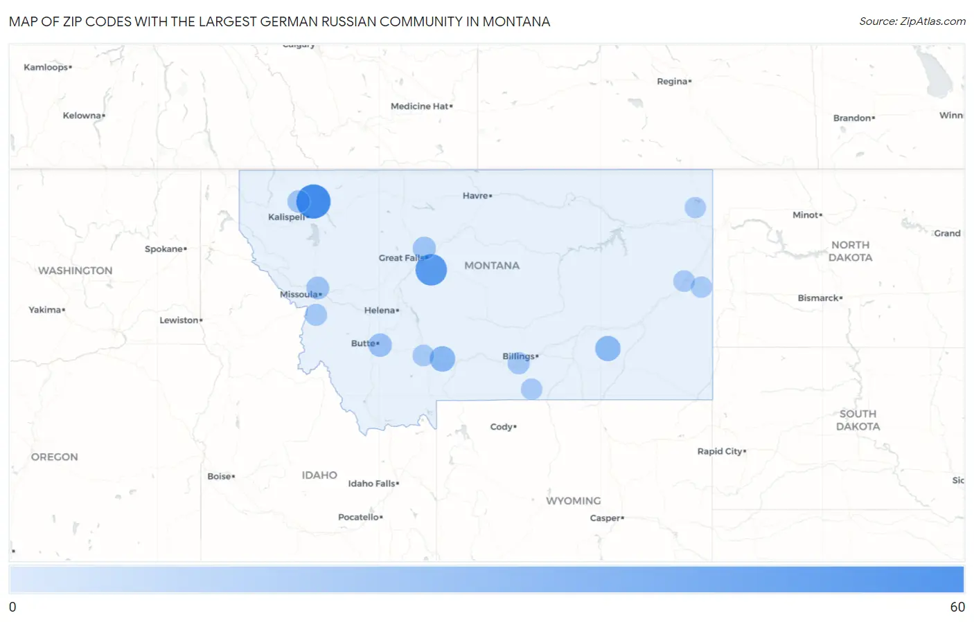 Zip Codes with the Largest German Russian Community in Montana Map