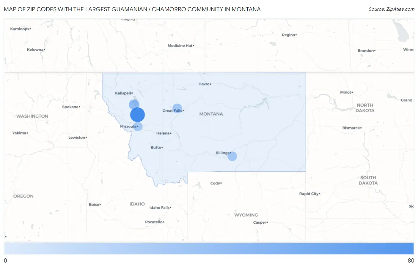 Zip Codes with the Largest Guamanian / Chamorro Community in Montana Map
