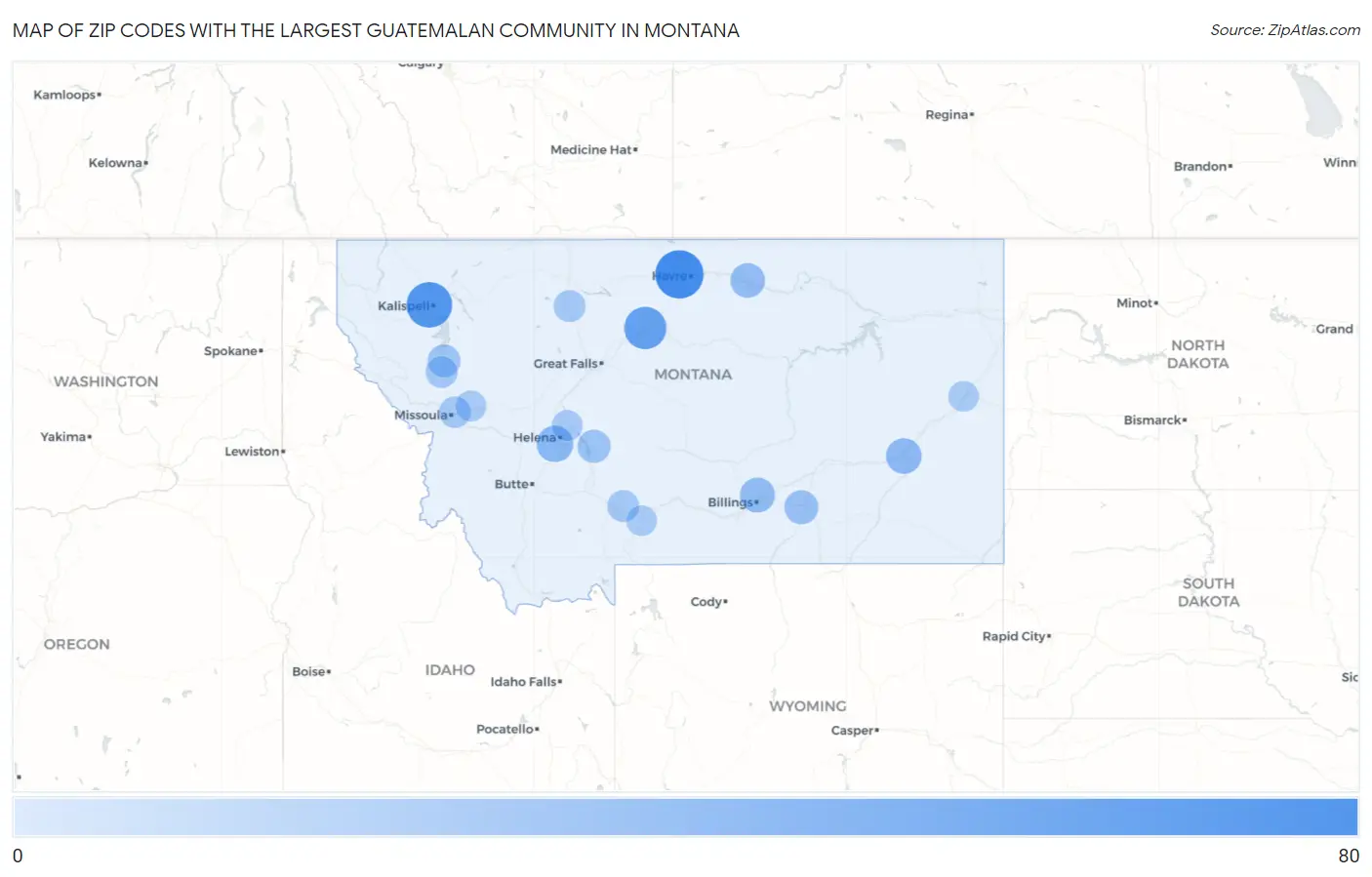 Zip Codes with the Largest Guatemalan Community in Montana Map