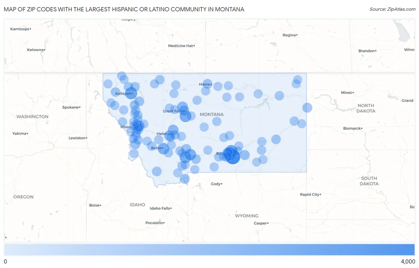 Zip Codes with the Largest Hispanic or Latino Community in Montana Map