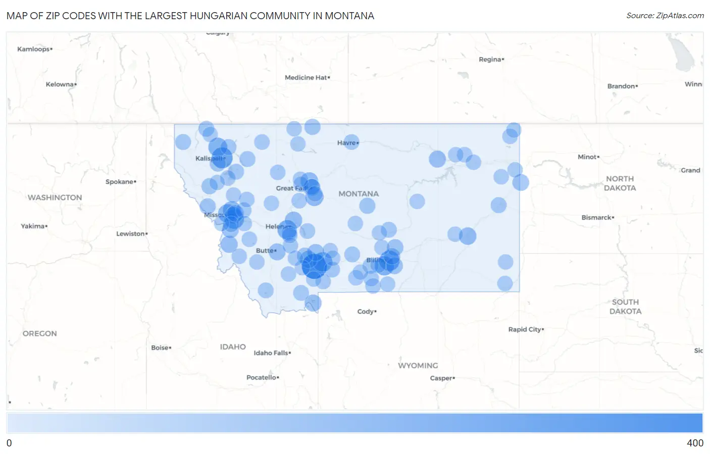 Zip Codes with the Largest Hungarian Community in Montana Map