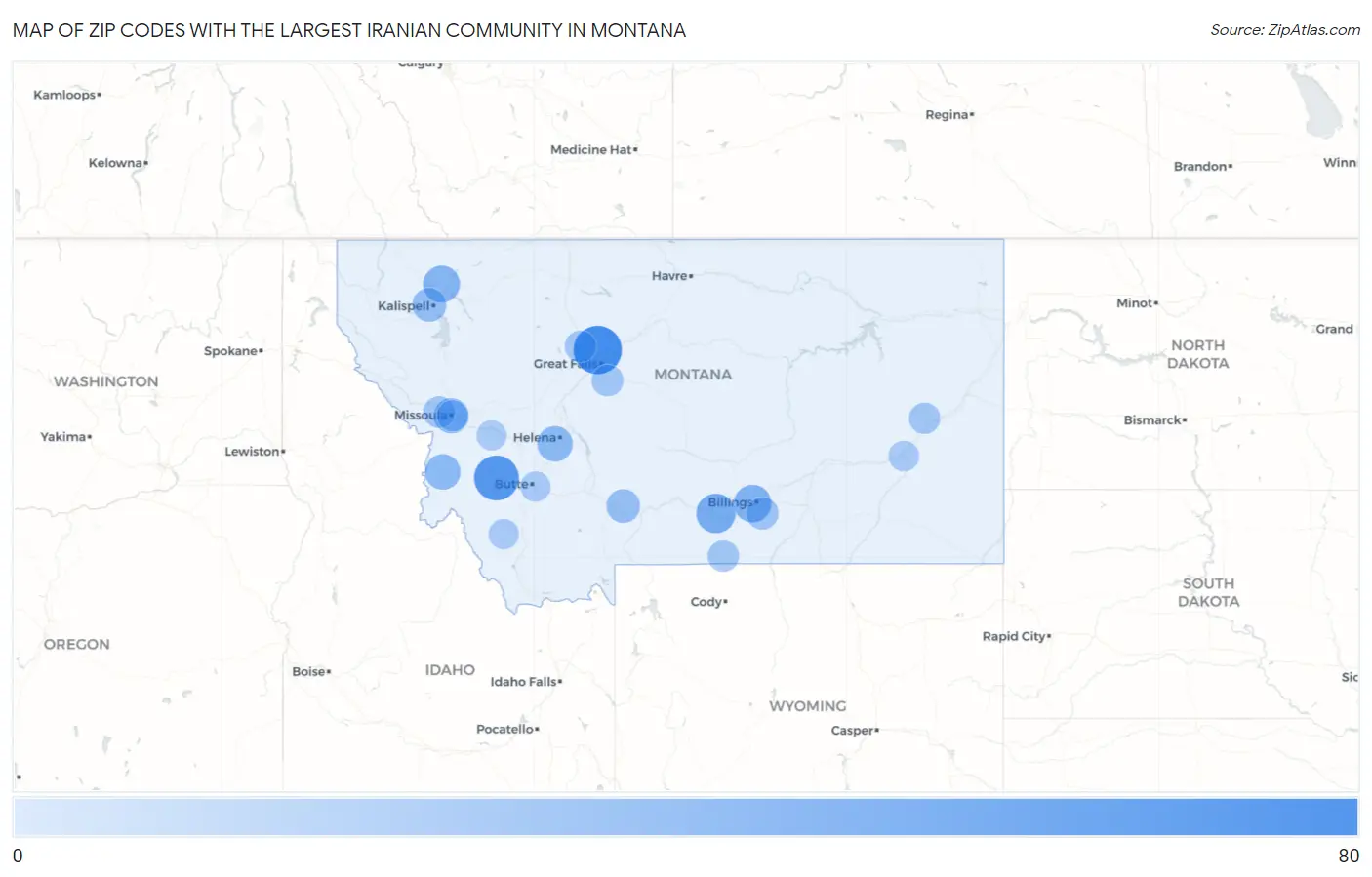 Zip Codes with the Largest Iranian Community in Montana Map