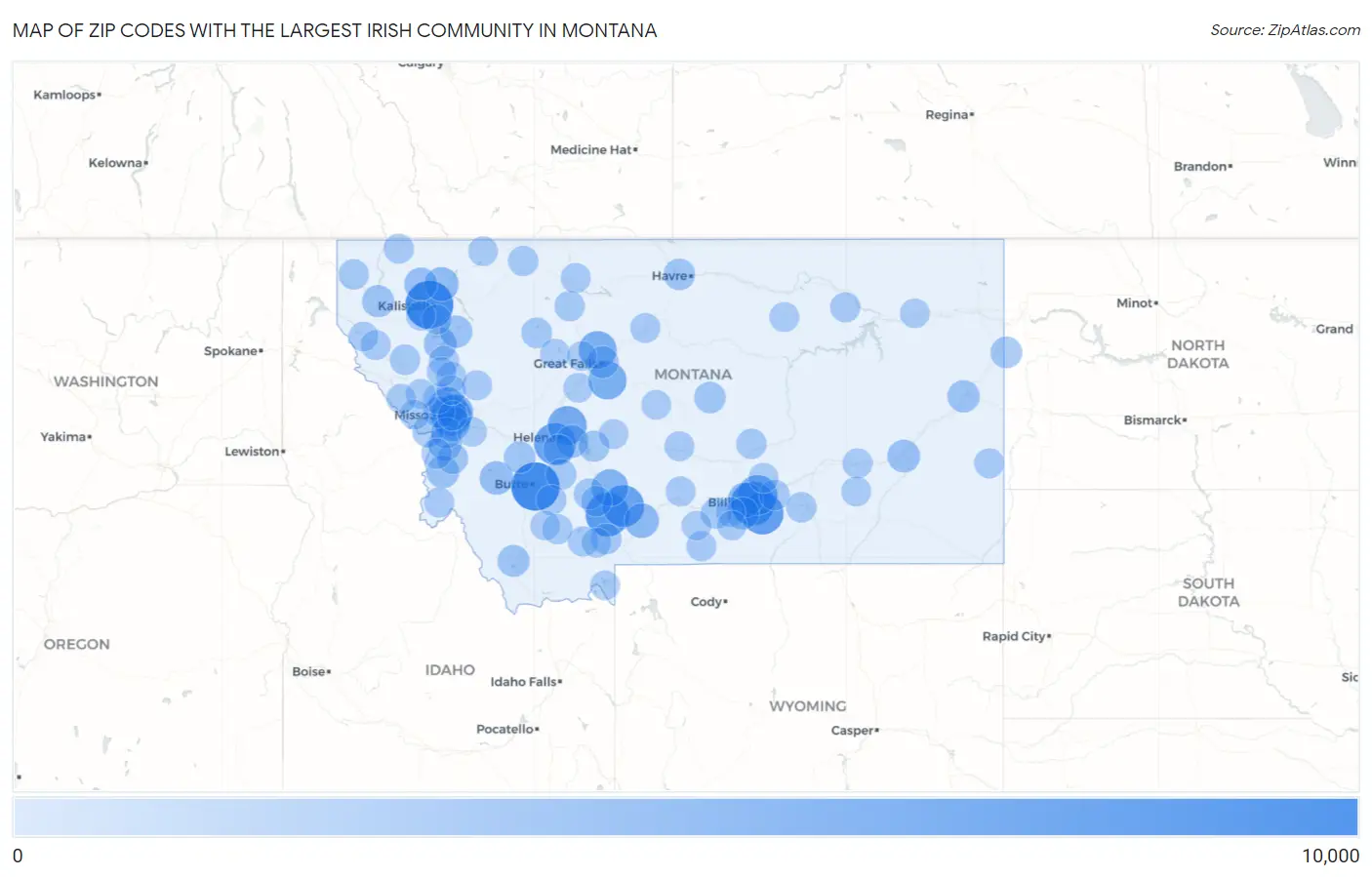 Zip Codes with the Largest Irish Community in Montana Map