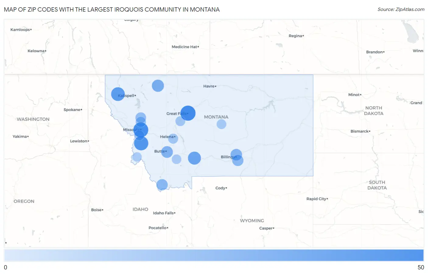 Zip Codes with the Largest Iroquois Community in Montana Map