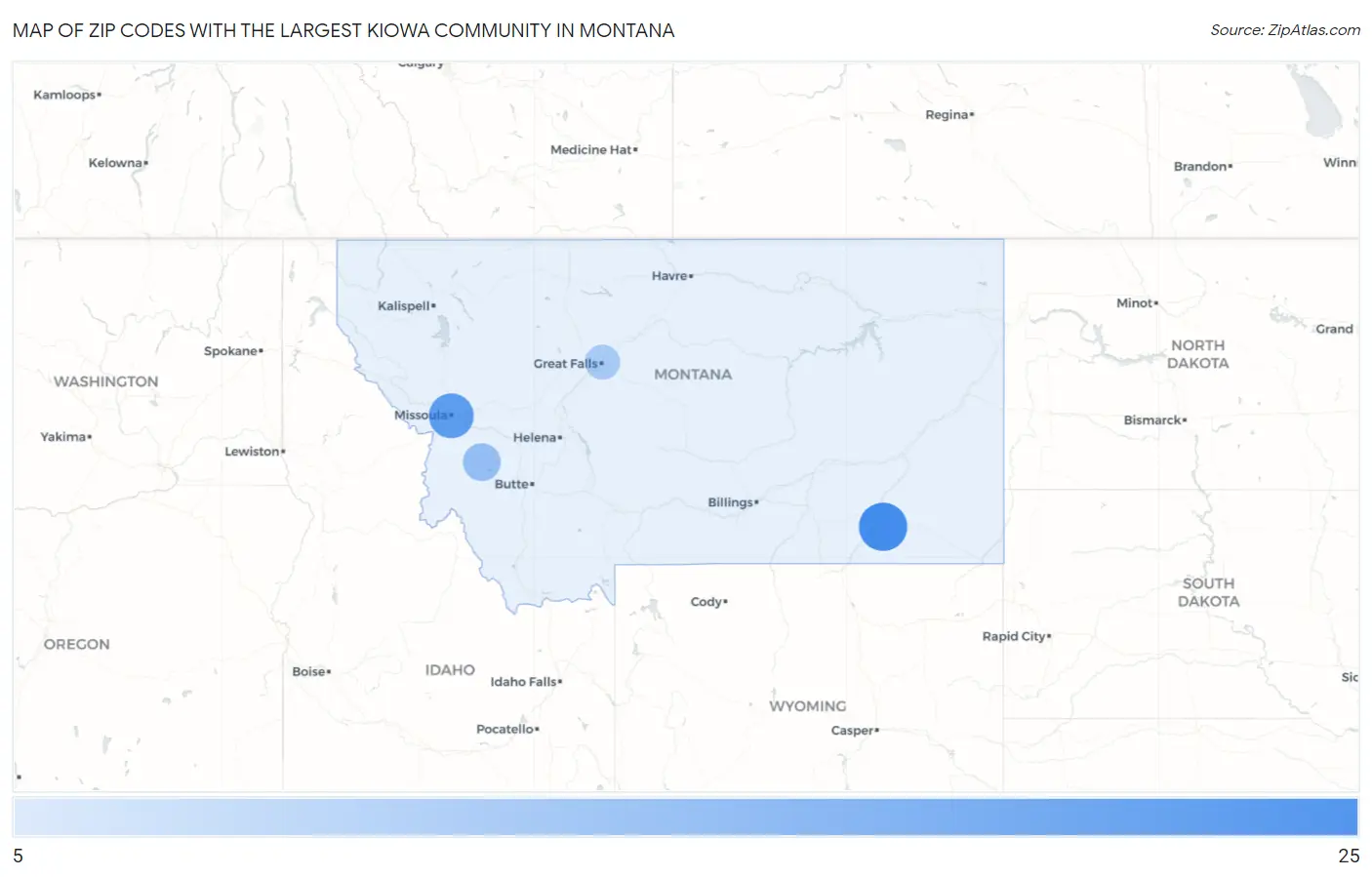 Zip Codes with the Largest Kiowa Community in Montana Map