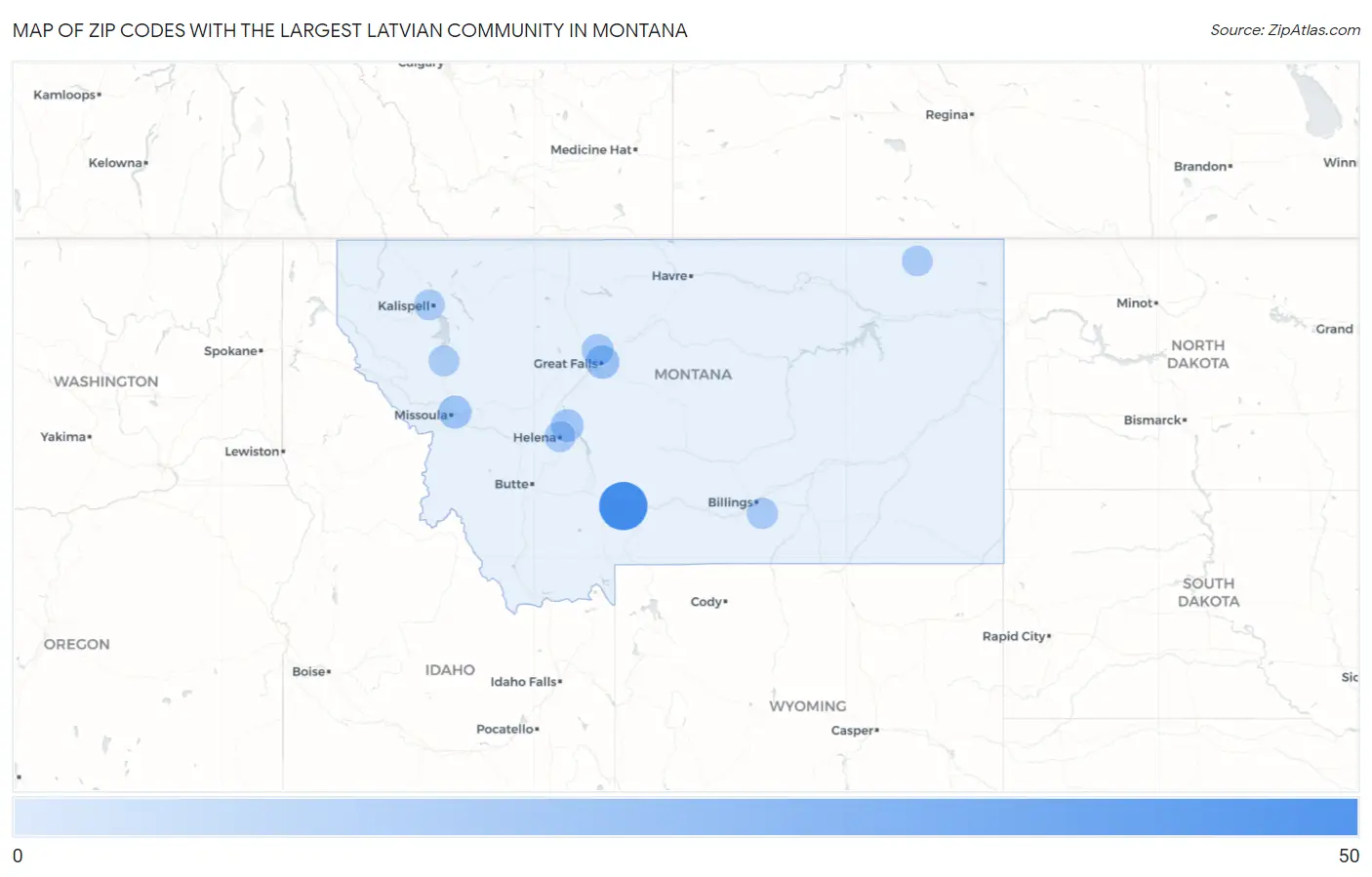 Zip Codes with the Largest Latvian Community in Montana Map