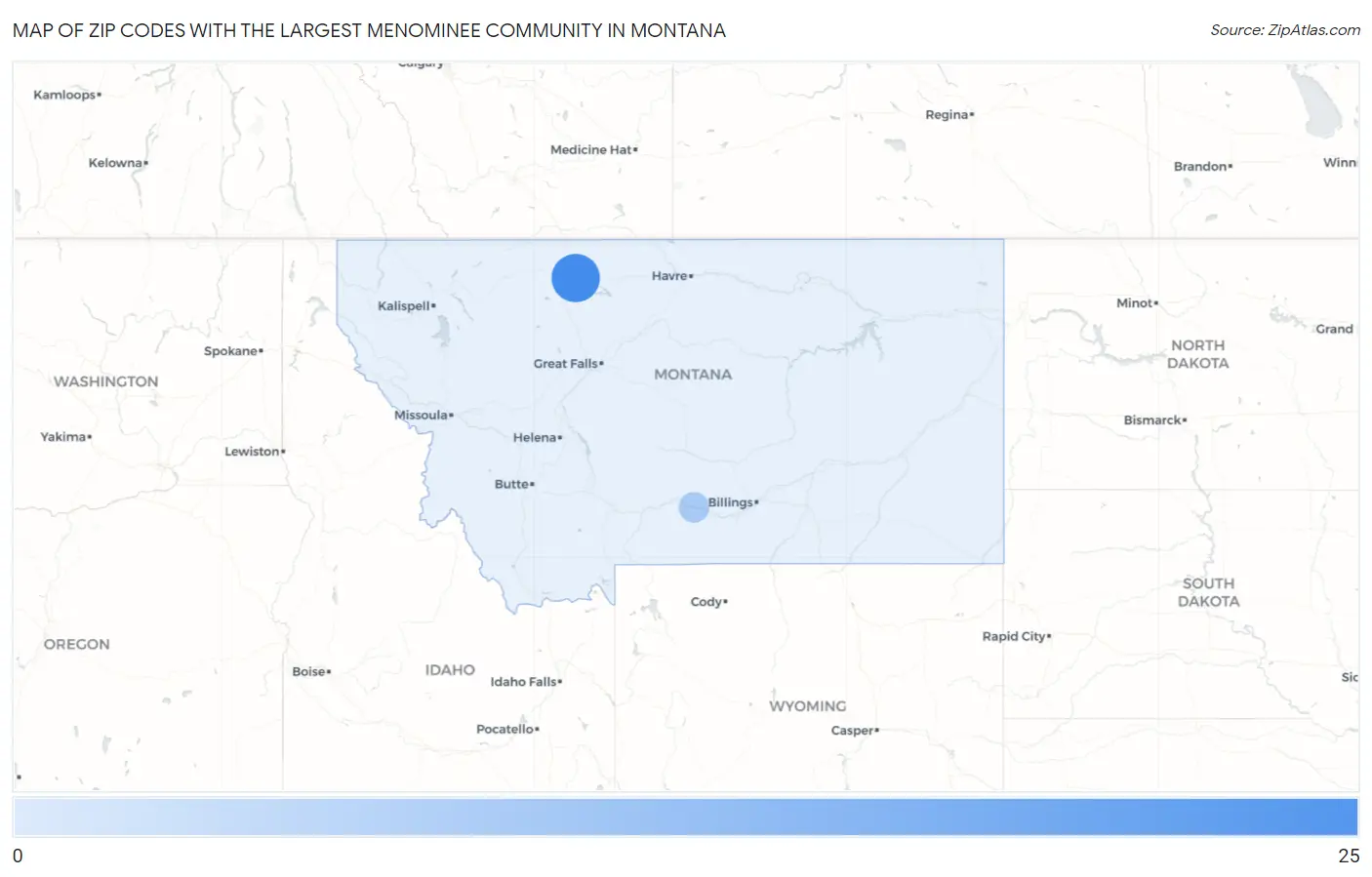 Zip Codes with the Largest Menominee Community in Montana Map