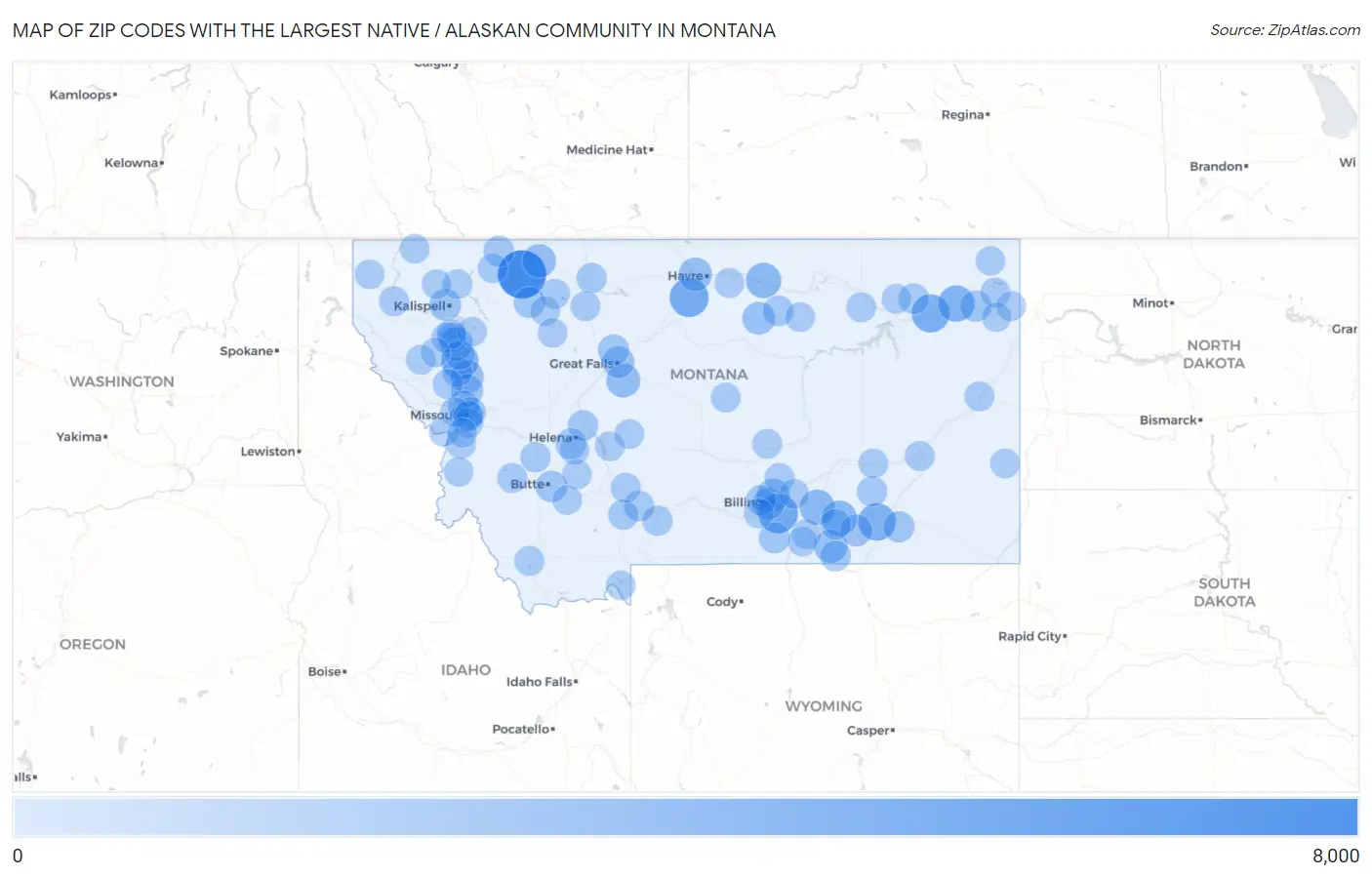 Zip Codes with the Largest Native / Alaskan Community in Montana Map