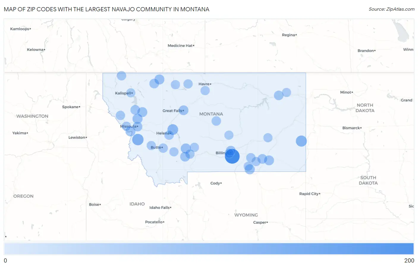 Zip Codes with the Largest Navajo Community in Montana Map