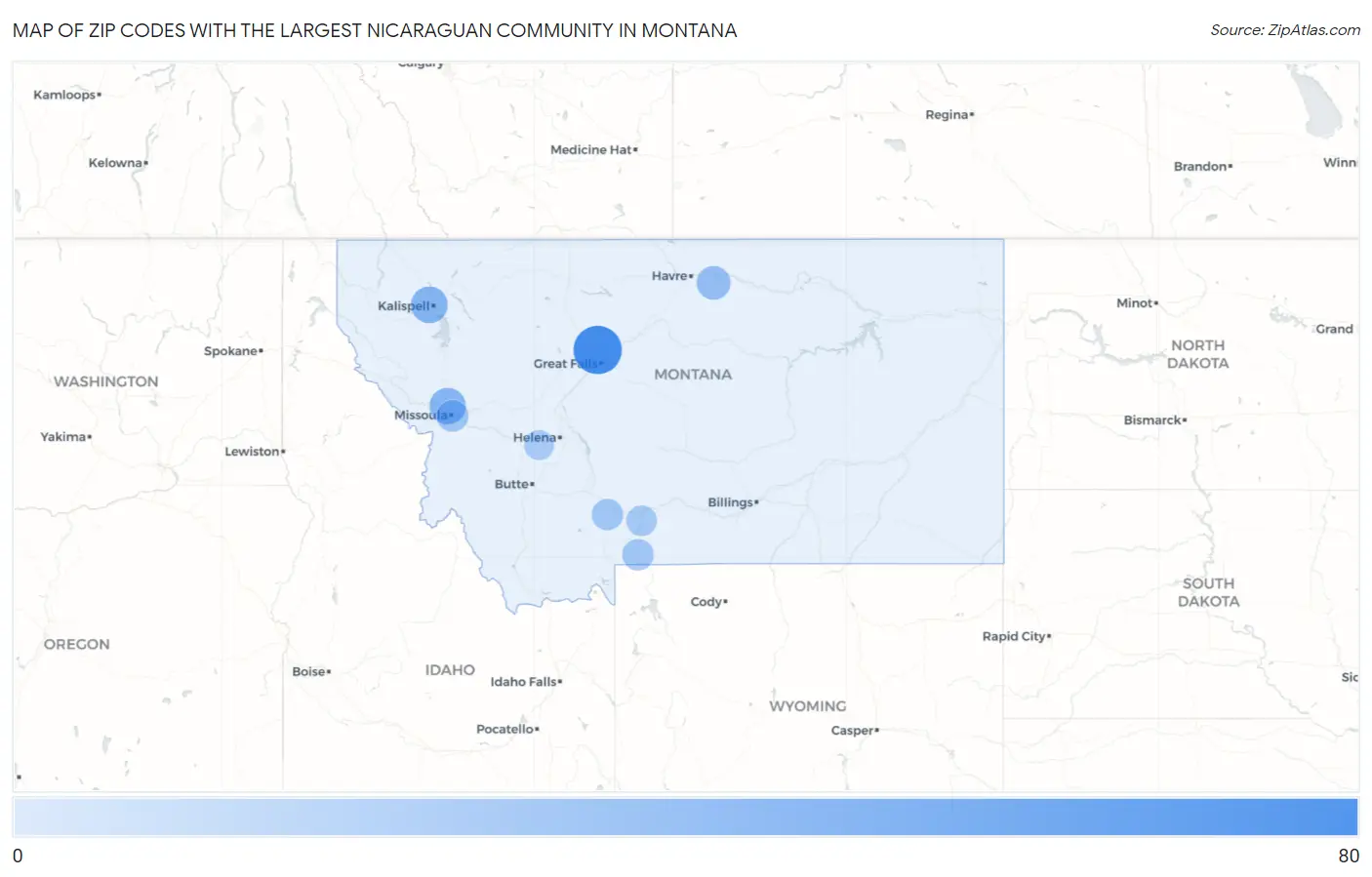 Zip Codes with the Largest Nicaraguan Community in Montana Map