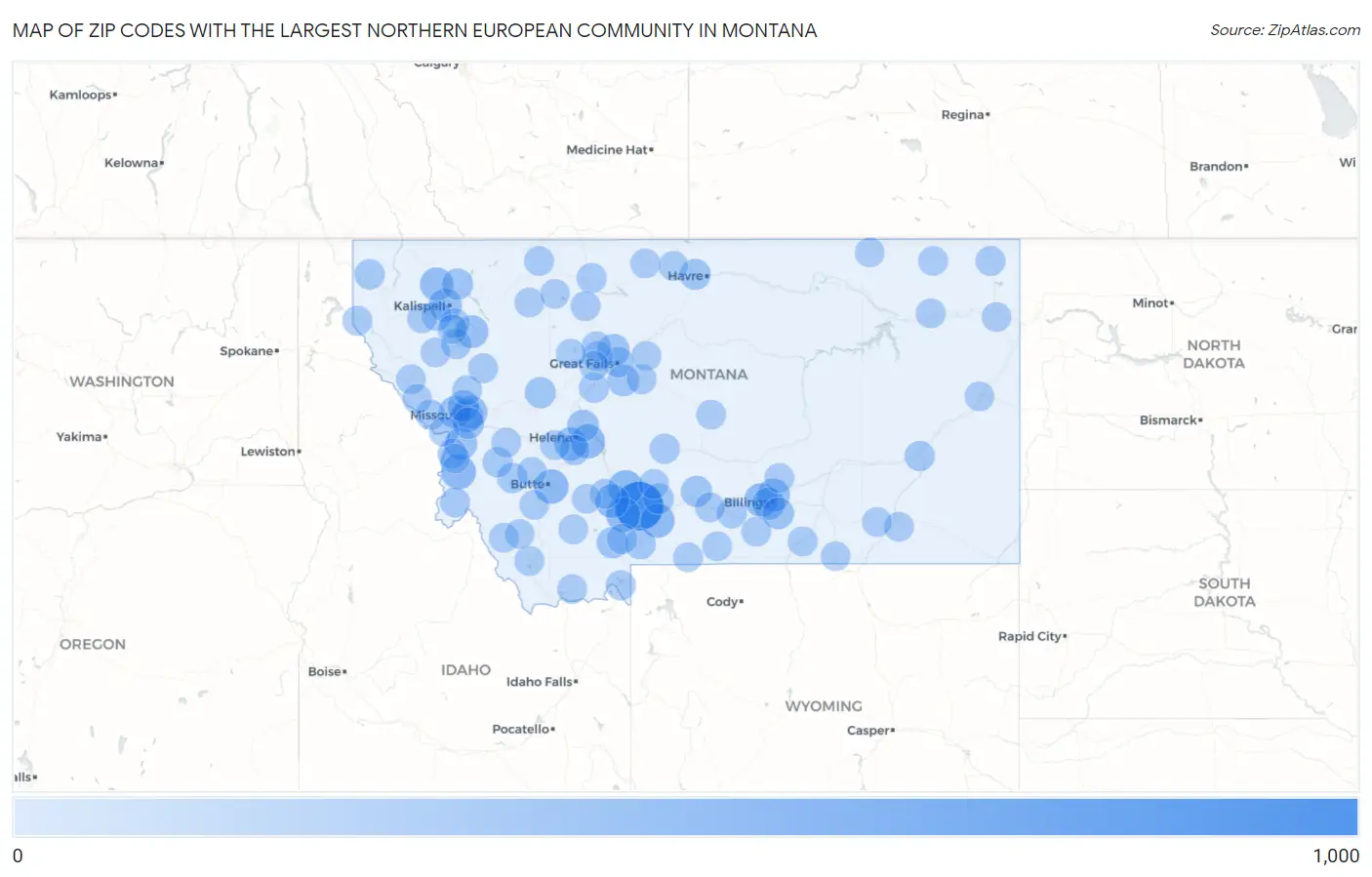 Zip Codes with the Largest Northern European Community in Montana Map