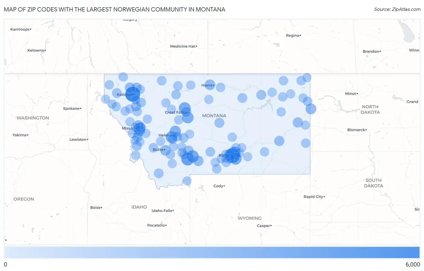 Zip Codes with the Largest Norwegian Community in Montana Map