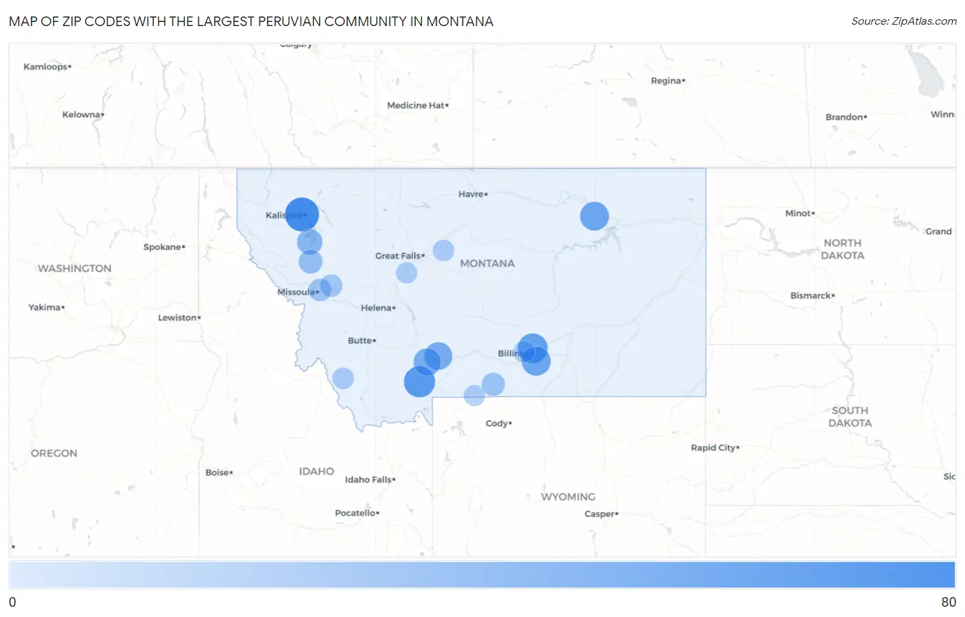 Zip Codes with the Largest Peruvian Community in Montana Map