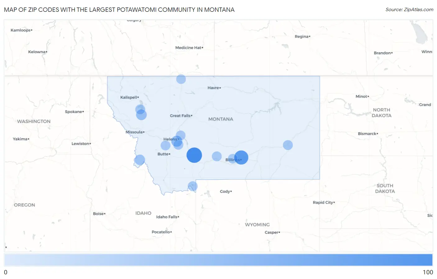Zip Codes with the Largest Potawatomi Community in Montana Map