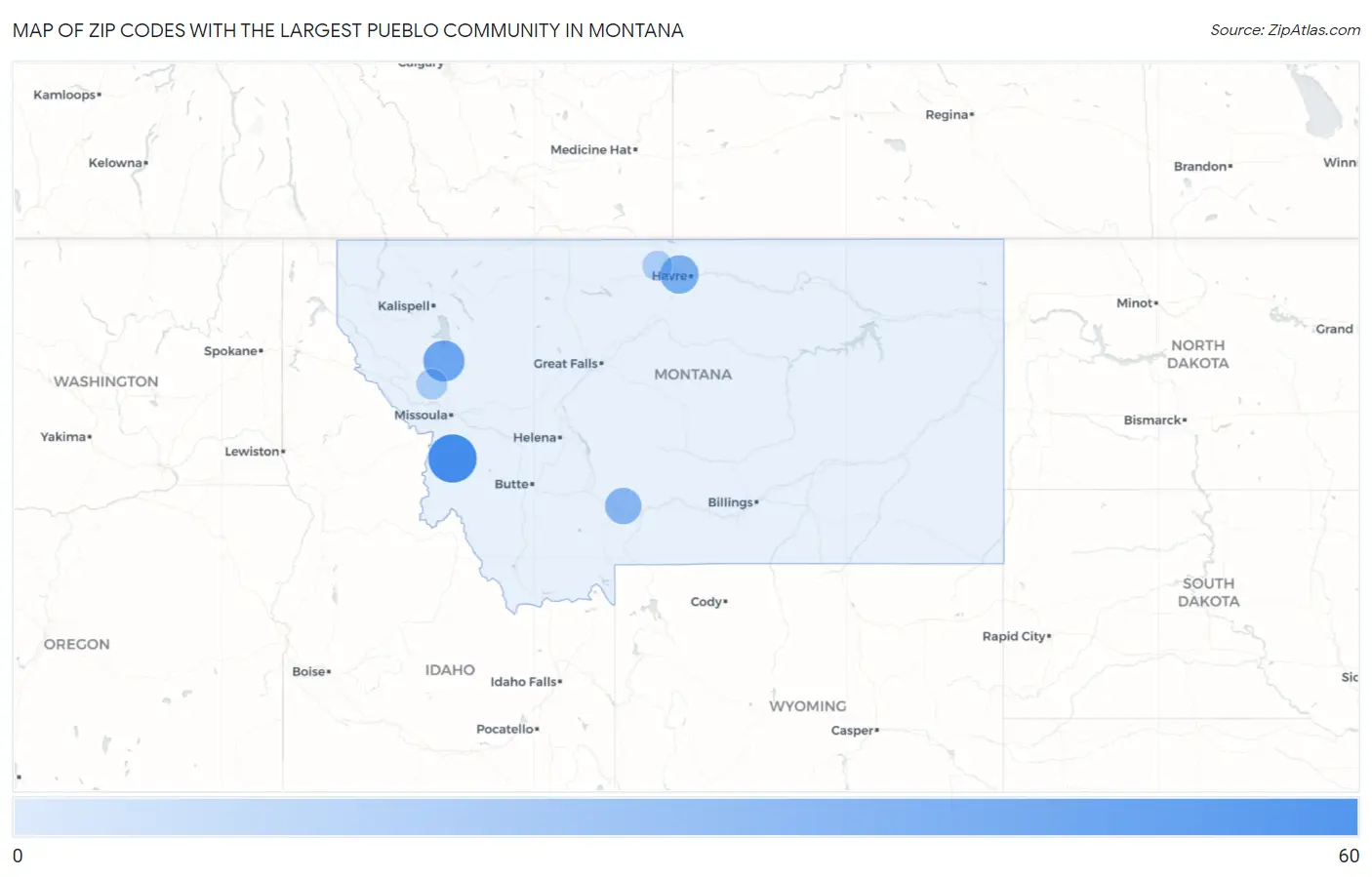 Zip Codes with the Largest Pueblo Community in Montana Map