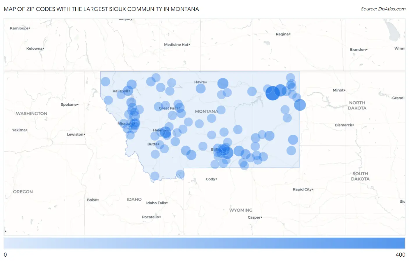 Zip Codes with the Largest Sioux Community in Montana Map
