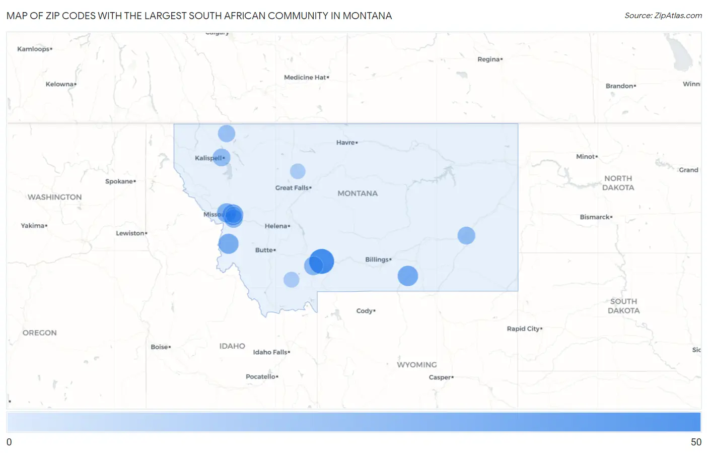 Zip Codes with the Largest South African Community in Montana Map